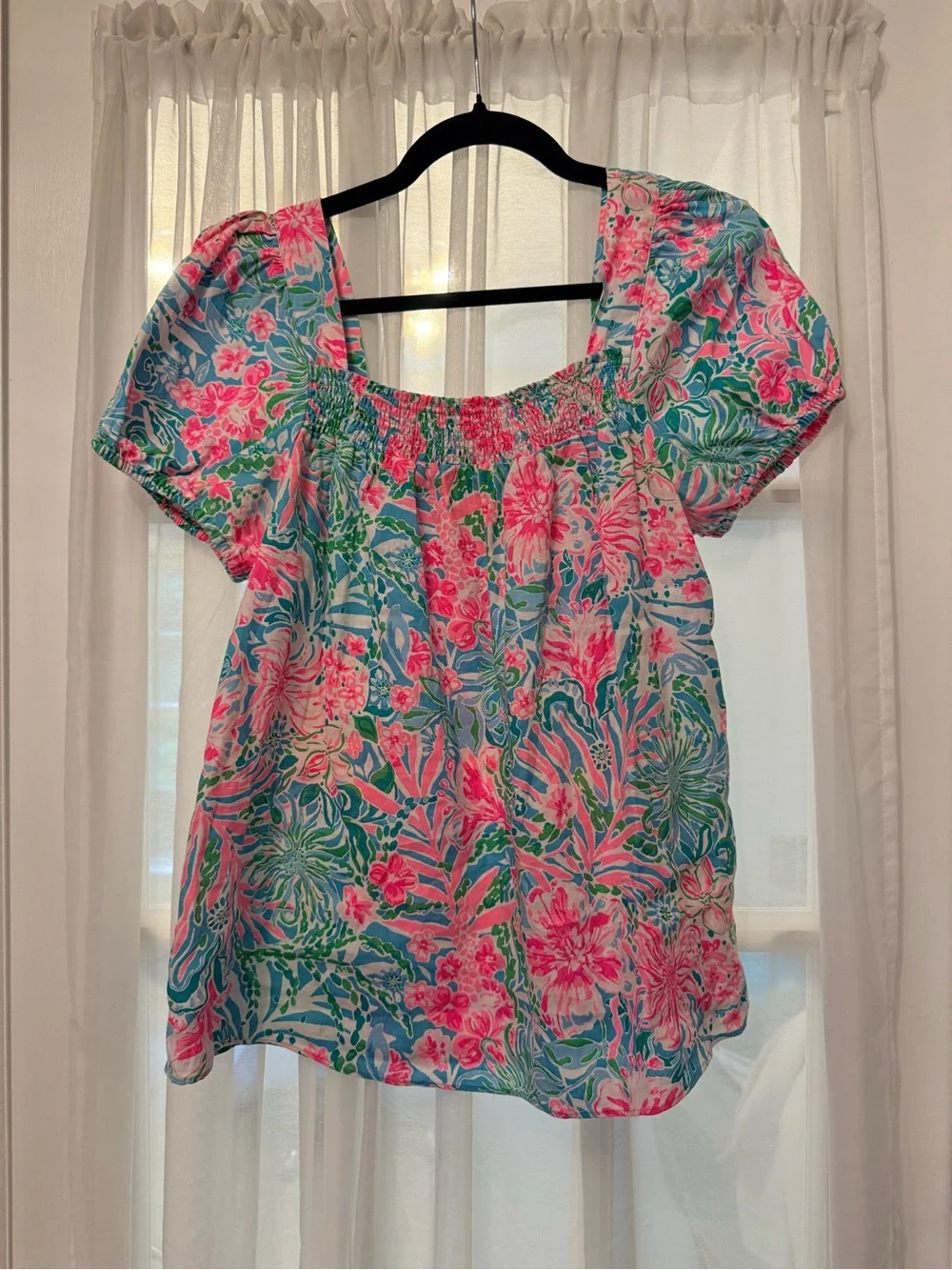 Lilly Pulitzer Pink Blue Green Floral Puff-Sleeve Square Neck Top